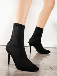 Stiletto Heeled Sock Boots - Black - View 4