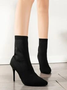 Stiletto Heeled Sock Boots - Black - View 5