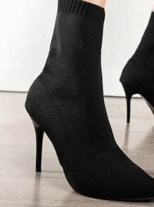 Stiletto Heeled Sock Boots - Black - View 6