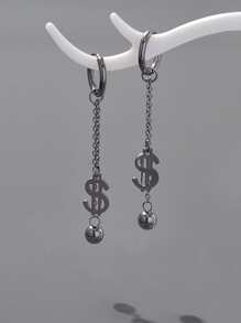 Hombres Pendientes largos dólar & bola - Plateado - Ver 1