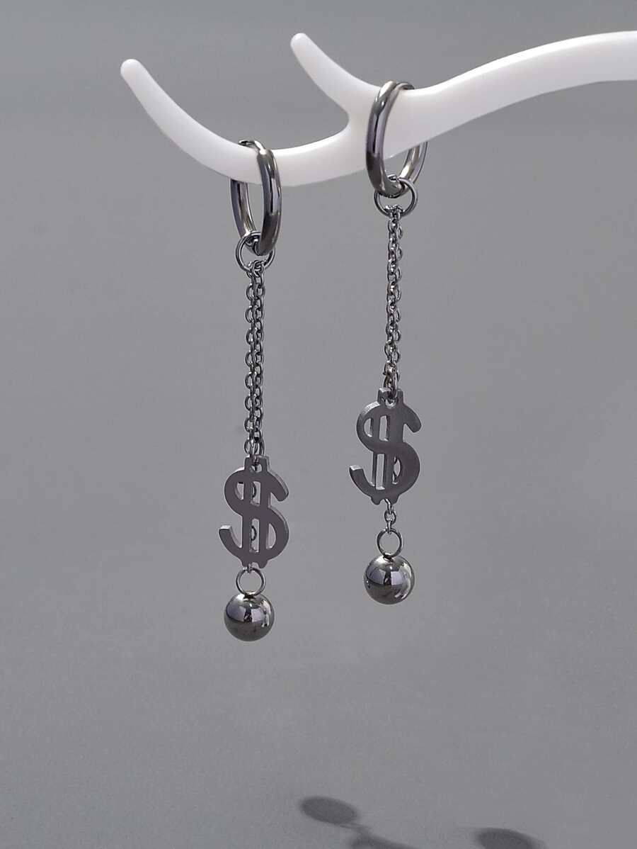 Hombres Pendientes largos dólar & bola - Plateado - Ver 1