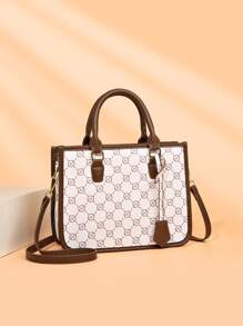 Geometric Pattern Contrast Binding Square Bag With Bag Charm - Multicolor - View 1