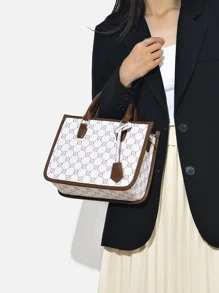 Geometric Pattern Contrast Binding Square Bag With Bag Charm - Multicolor - View 2