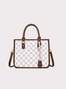 Geometric Pattern Contrast Binding Square Bag With Bag Charm - Multicolor - View 5