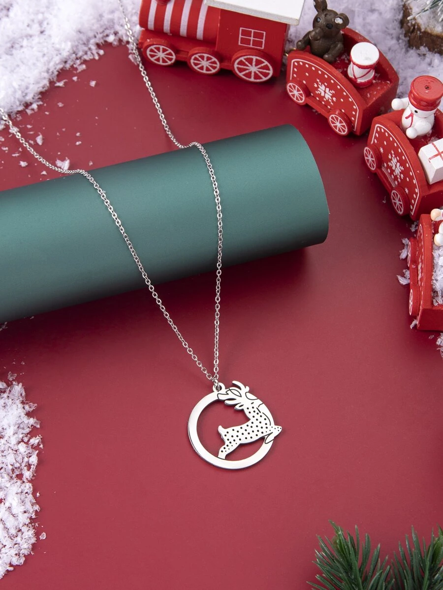 Elk Decor Round Pendant Necklace - Silver - View 1