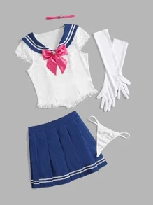 ROMWE Anime 6pack Contrast Lace Bow Decor School Girl Costume Set - Blue and White - View 4