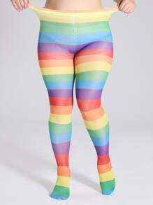 LGBT Rainbow Striped Print Plus Size Tights - Multicolor - View 1