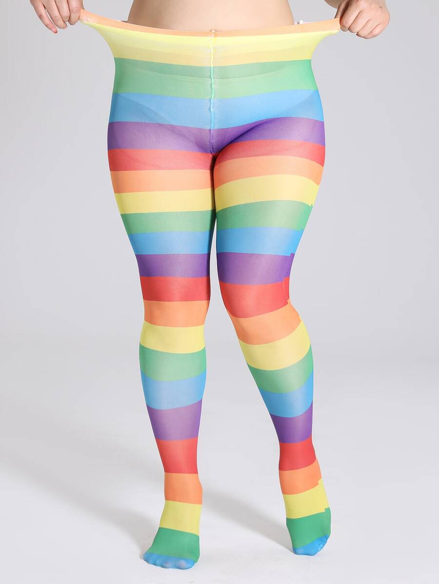 LGBT Rainbow Striped Print Plus Size Tights - Multicolor - View 1