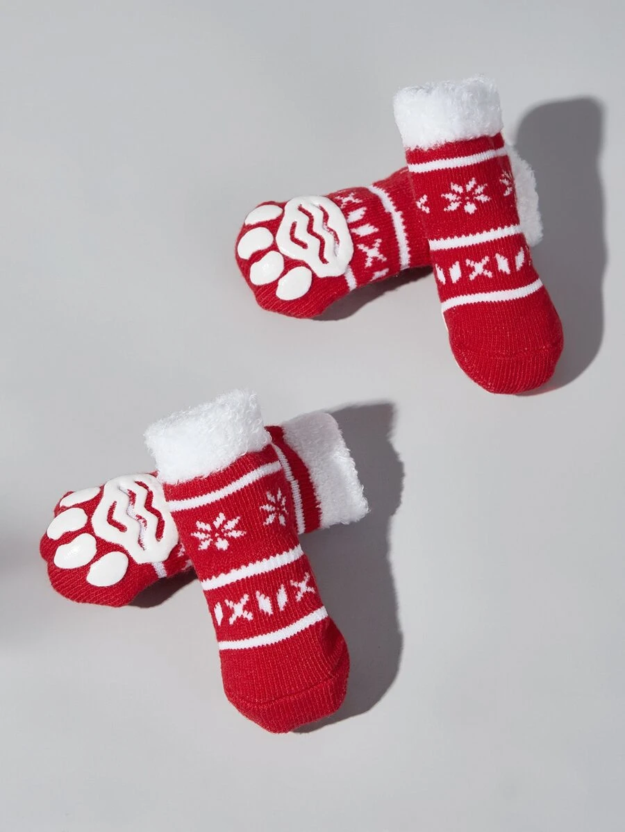 4pcs Pet Anti-slip Socks - Red and White - View 1