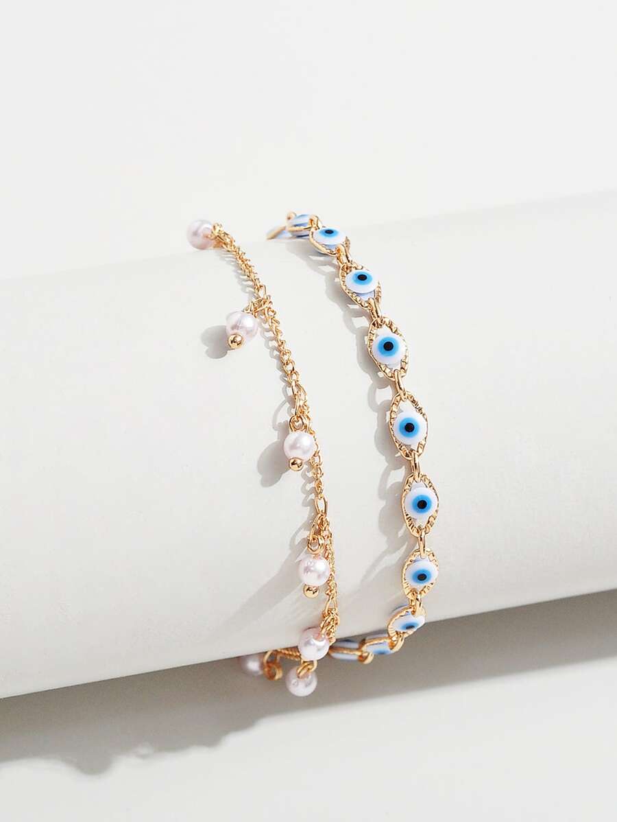 1pc Faux Pearl & Evil Eye Decor Layered Bracelet Copper Jewelry - Multicolor - View 1