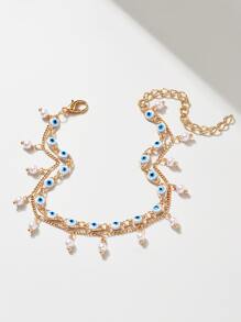 1pc Faux Pearl & Evil Eye Decor Layered Bracelet Copper Jewelry - Multicolor - View 2