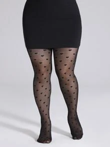 1pc Women Plus Size Black Heart Jacquard Pantyhose, Thin Sheer Elastic Tights - Black - View 1