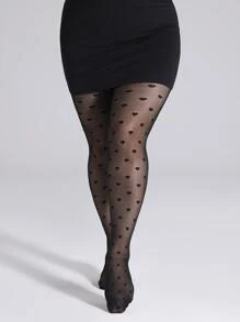 1pc Women Plus Size Black Heart Jacquard Pantyhose, Thin Sheer Elastic Tights - Black - View 3
