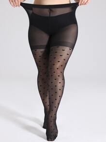 1pc Women Plus Size Black Heart Jacquard Pantyhose, Thin Sheer Elastic Tights - Black - View 4