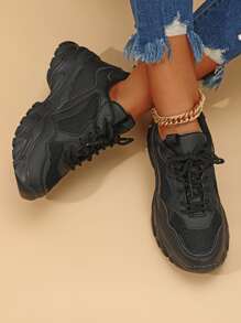極簡前綁帶老爹鞋,女士黑色撞色運動鞋 - 黑色 - 查看 2