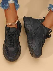 極簡前綁帶老爹鞋,女士黑色撞色運動鞋 - 黑色 - 查看 4