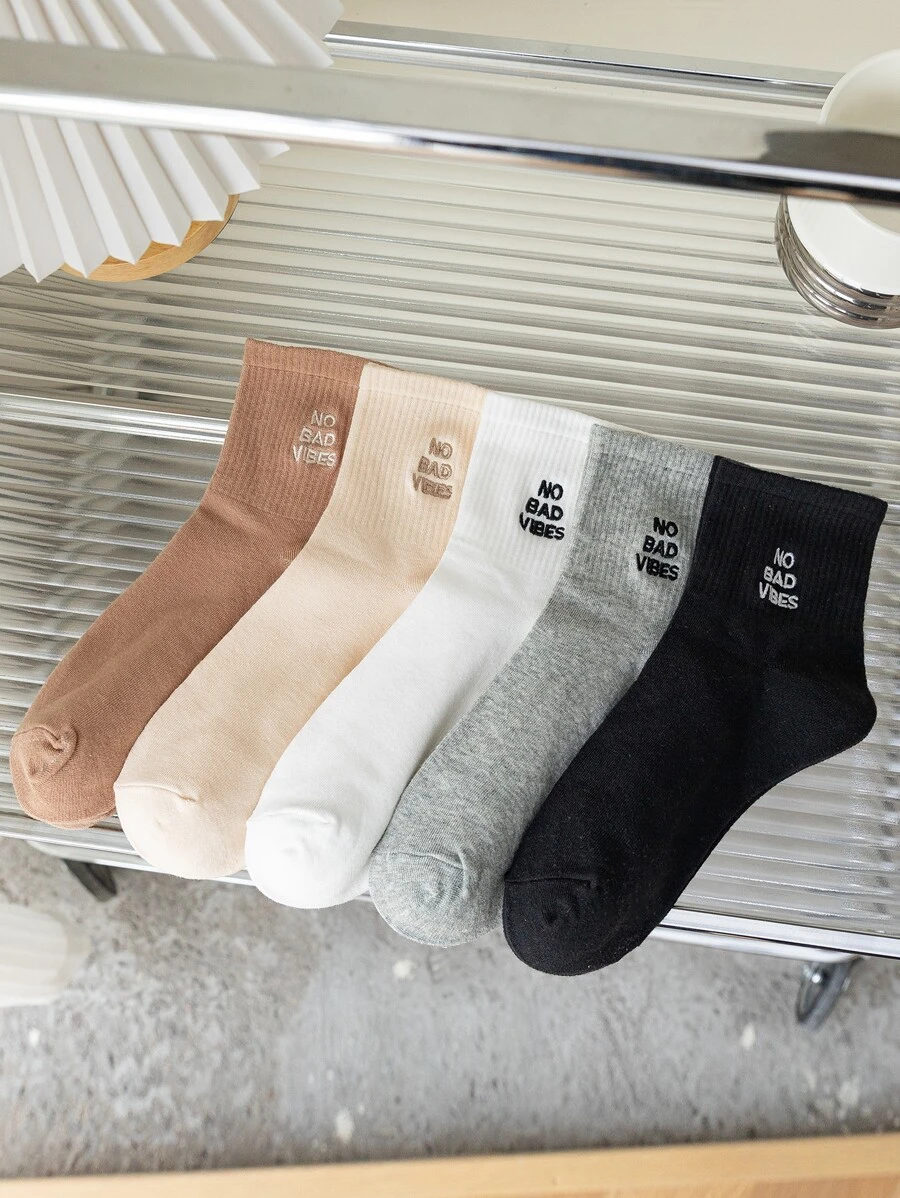 5pairs Slogan Embroidery Crew Socks - Multicolor - View 1