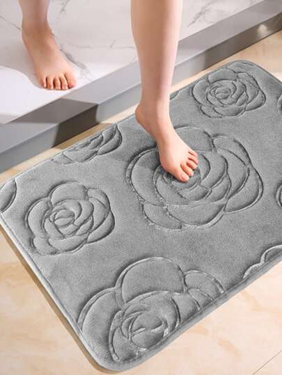 1pc Grey Flannel Rose Embossed Floor Mat, Daily Life/Valentine's Day Floor Mat Home Bathroom Decor Bath Rug Floor Carpet Outdoor Rug Door Mat Fall Decor Bathroom Accessories Back To School Entryway Decor