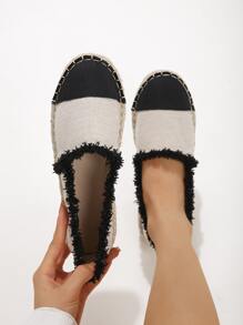 Two Tone Raw Trim Canvas Espadrille Flats - Black and White - View 1