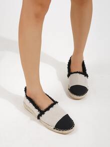 Two Tone Raw Trim Canvas Espadrille Flats - Black and White - View 5