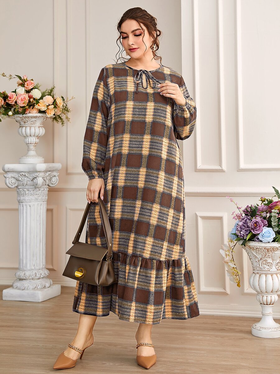 Mulvari Plus Plaid Lantern Sleeve Ruffle Hem Tie Neck Smock Dress - Multicolor - View 1