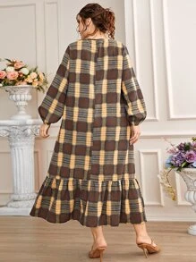 Mulvari Plus Plaid Lantern Sleeve Ruffle Hem Tie Neck Smock Dress - Multicolor - View 2
