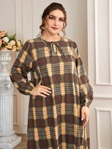 Mulvari Plus Plaid Lantern Sleeve Ruffle Hem Tie Neck Smock Dress - Multicolor - View 5