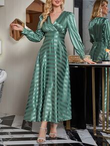 Striped Print Surplice Neck Lantern Sleeve Dress - Mint Green - View 3