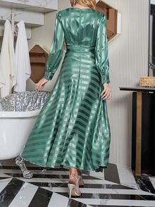 Striped Print Surplice Neck Lantern Sleeve Dress - Mint Green - View 4