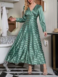 Striped Print Surplice Neck Lantern Sleeve Dress - Mint Green - View 2
