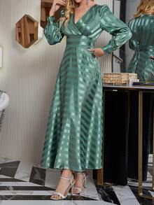 Striped Print Surplice Neck Lantern Sleeve Dress - Mint Green - View 5