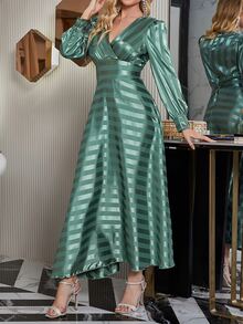 Striped Print Surplice Neck Lantern Sleeve Dress - Mint Green - View 7