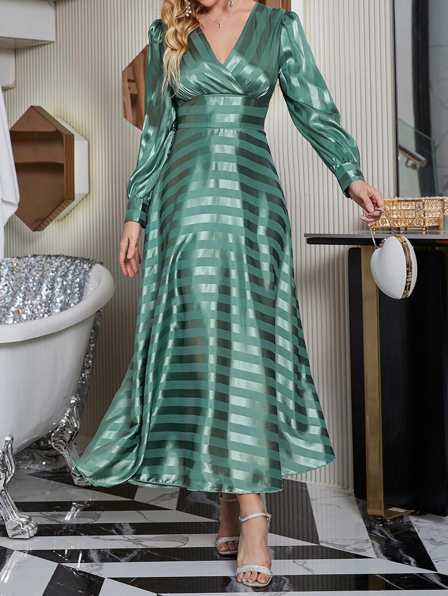Striped Print Surplice Neck Lantern Sleeve Dress - Mint Green - View 1