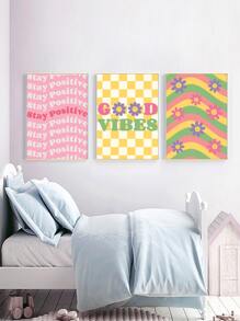 3 件，引文嬉皮士抽象字母花卉图案海报，用于客厅、卧室和书房墙壁艺术的艺术装饰，无框