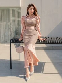 Modelyn 格紋泡泡袖魚尾裙下擺洋裝