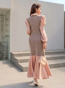 Modelyn 格紋泡泡袖魚尾裙下擺洋裝