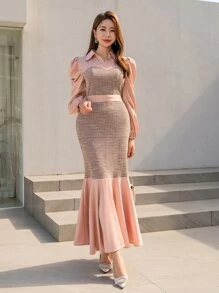 Modelyn 格紋泡泡袖魚尾裙下擺洋裝