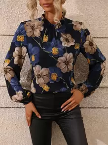 EMERY ROSE Floral Print Mock Neck Blouse,Long Sleeve Tops Fall Cloth For Women - Navy Blue - View 3