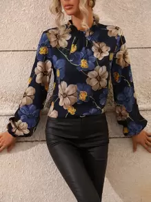 EMERY ROSE Floral Print Mock Neck Blouse,Long Sleeve Tops Fall Cloth For Women - Navy Blue - View 4