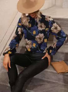 EMERY ROSE Floral Print Mock Neck Blouse,Long Sleeve Tops Fall Cloth For Women - Navy Blue - View 6