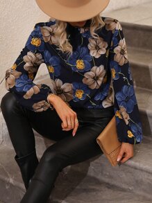EMERY ROSE Floral Print Mock Neck Blouse,Long Sleeve Tops Fall Cloth For Women - Navy Blue - View 8