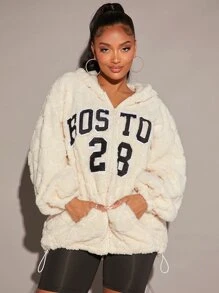 SHEIN SXY Letter Embroidery Drop Shoulder Drawstring Hooded Teddy Jacket - Beige - View 3