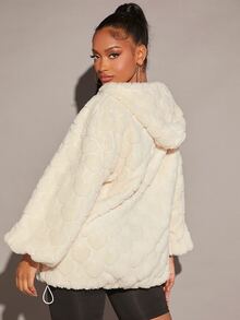 SHEIN SXY Letter Embroidery Drop Shoulder Drawstring Hooded Teddy Jacket - Beige - View 2