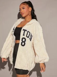 SHEIN SXY Letter Embroidery Drop Shoulder Drawstring Hooded Teddy Jacket - Beige - View 4