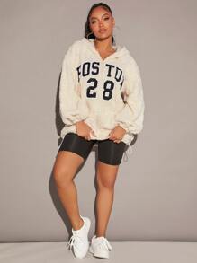 SHEIN SXY Letter Embroidery Drop Shoulder Drawstring Hooded Teddy Jacket - Beige - View 6