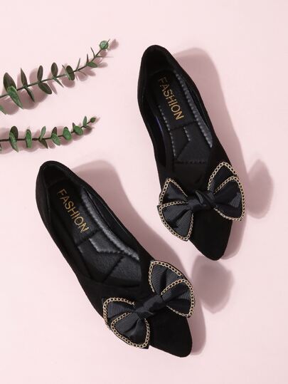 شبشب بالية كاجوال بأصبع قدم مدبب مع فيونكة للنساء مقاس كبير، أبيض