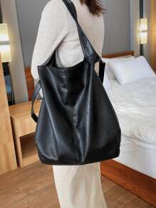 Minimalist Shoulder Tote Bag - Black - View 1