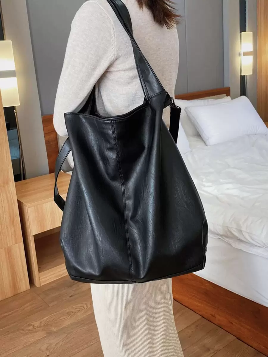 Minimalist Shoulder Tote Bag - Black - View 1