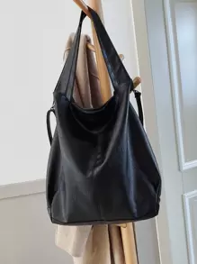 Minimalist Shoulder Tote Bag - Black - View 2