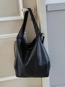 Minimalist Shoulder Tote Bag - Black - View 3